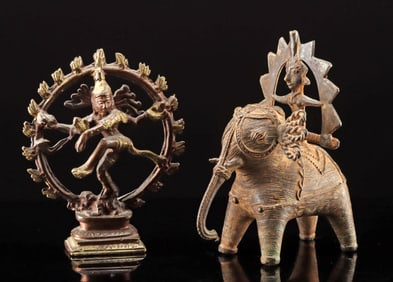 Indian Brass Figures - Shiva Nataraja + Dhokra Elephant
