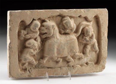 Chinese Song Pottery Plaque w/ New Year's Lion Dance