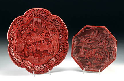 Two 19th C. Chinese Carved Cinnabar Red Lacquer Plates (1 of 5)
