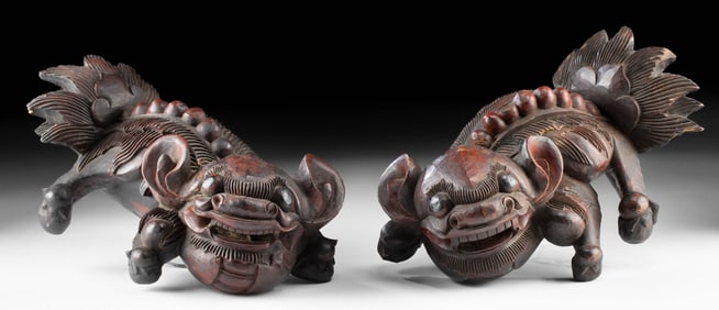 Early Chinese Cinnabar Lacquered Wood Fu Lions (pr)