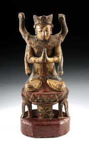 19th C. Chinese Qing Gilt Wood Cintamanicakra (6-Armed Guanyin)