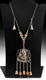 Chinese / Tibetan Silver-Brass Necklace w/ Coral & Turquoise