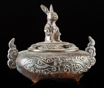 19th C. Chinese Bronze Censer Vessel w/ Rabbit Finial