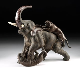 Japanese Meiji Bronze Elephant & Tigers, Seiya Workshop