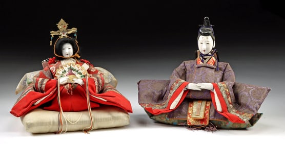 Japanese Meiji Era Silk Hina Dolls, Emperor & Empress