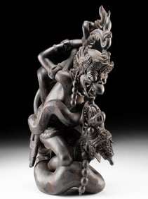 Balinese Ebony Sculpture: Hanuman Fighting Naga Snake