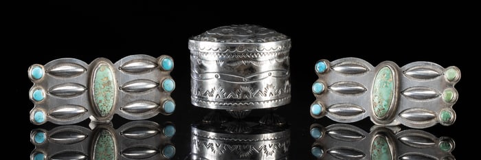 Navajo Silver Box & 2 Concho Belt Segments w/ Turquoise