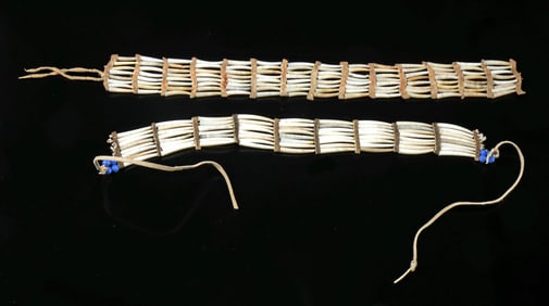 Two 19th C. Sioux Dentalium Shell & Leather Necklaces