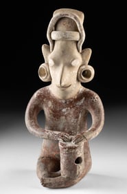 Nayarit Pottery Seated Sheep Face Figure Playing Drum