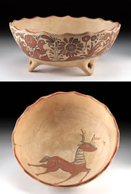 Mexican Guerrero Pottery Tripodal Bowl w/ Deer & Birds