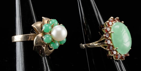 Two 1950s Vintage 14K Gold, Pearl, Garnet & Jade Rings