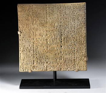 A Translated Sumerian Cuneiform Tablet UR III - HUGE!: The tablet is dated to the month (damaged and unreadable) and year, the 4th year of King Amar-Suen of Ur, ca. 2042 BCE and has been fully translated by Renee Kovacs as follows: Ur III Administrative