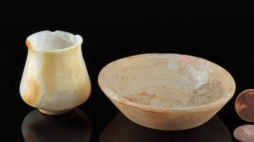 Egyptian Early Dynastic Alabaster Piriform Jar + Offering Dish