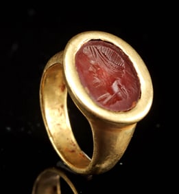 Roman Gold Ring w/ Carnelian Intaglio Bearded Man
