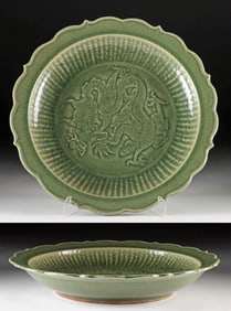Ming Dynasty Longquan Celadon Charger, Dragon & Flaming Pearl