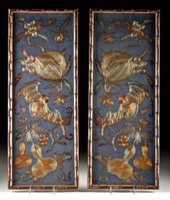 Chinese Qing Embroidered Silk Panels - Bats, Peaches, Gourds