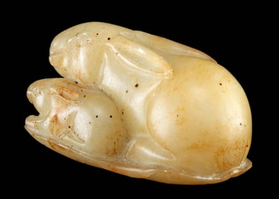 Qing Dynasty Stone Amulet Mother and Baby Rabbit on Leaf