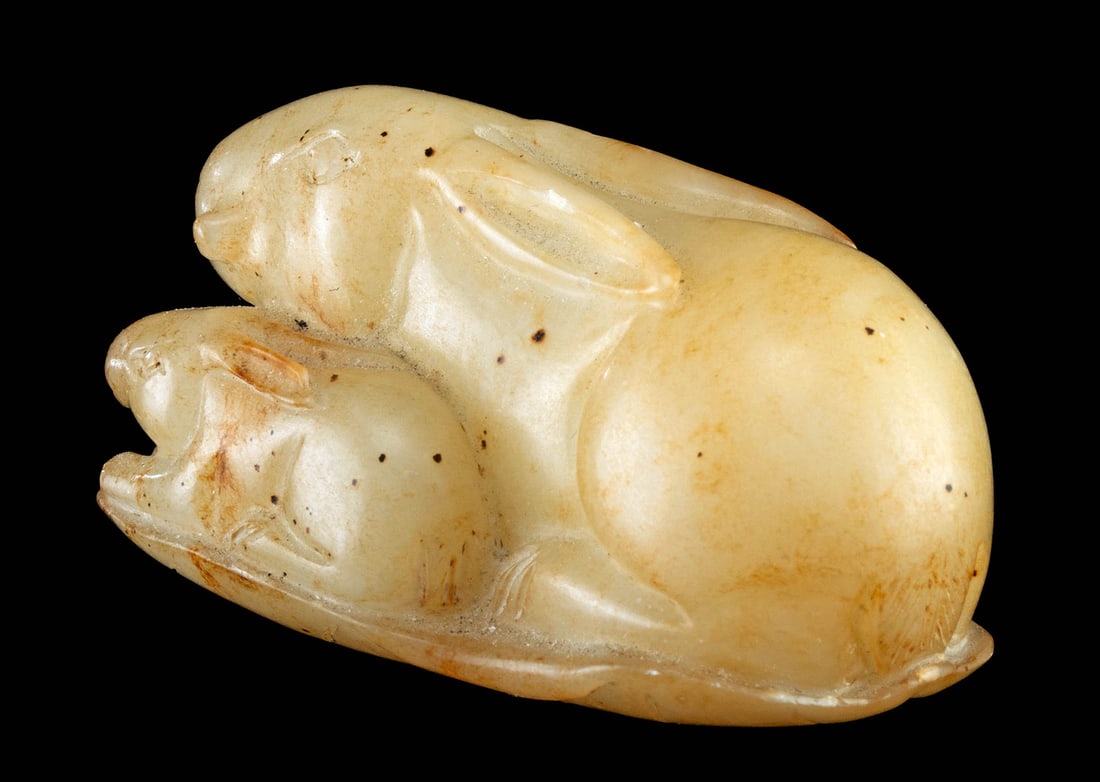 Qing Dynasty Stone Amulet Mother and Baby Rabbit on Leaf (1 of 4)