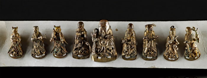 Chinese Gilt Brass Child's Hat Charms of Immortals