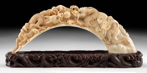 Chinese / Japanese Ivory Okimono – Dragons Battling Over Flaming Pearl