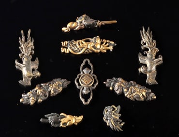 9 Japanese Edo Gilt Copper Menuki, Mythical and Celestial Motifs