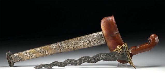 Indonesian Kris w/ Serpentine Blade, Gilt Naga Hilt, Brass-Wood Sheath