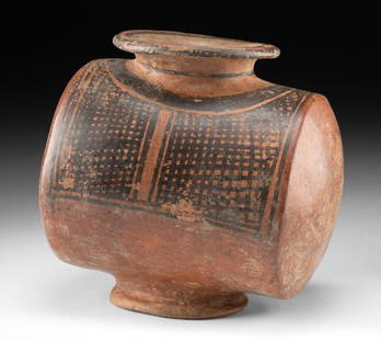 Rare Panamanian Drum-Shaped Vessel, Crosshatch Pattern: Pre-Columbian, Panama, possibly Gran Cocle or Gran Chiriqui, ca. 300 to 1200 CE. A drum-shaped pottery vessel featuring a red-slipped surface adorned with a crosshatched motif painted in black. The de
