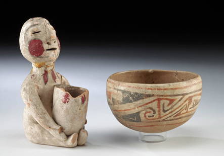 Casas Grandes Pottery Bowl + Tesuque Rain Deity: Pre-Columbian, Northern Mexico, Chihuahua region, Ancestral Pueblo / Greater Mogollon, Casas Grandes culture, ca. 1200 to 1450 CE; Native American, Southwest, New Mexico, Tesuque Pueblo people, ca. ea