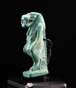 Egyptian Faience Amulet of Taweret (Goddess of Childbirth): Ancient Egypt, Late Dynastic Period, 26th to 31st Dynasty, ca. 664 to 332 BCE. A wonderful faience amulet of Taweret (also Tawaret, Thoueris, Tauret, Apet, Opet), the goddess of child birthing and suc