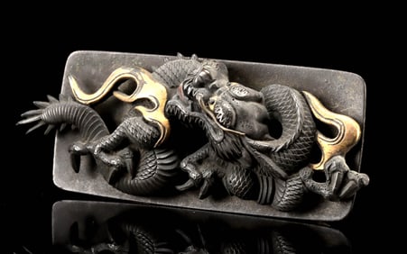 Signed 19th C. Japanese Shibuichi Dragon Mount w/ Backplate