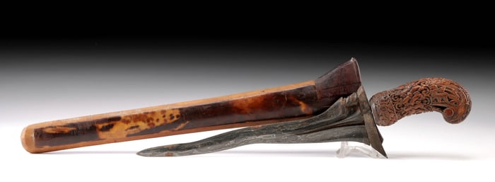 Indonesian Kris w/ Carved Wooden Hilt, Tortoiseshell-Inlaid Sheath