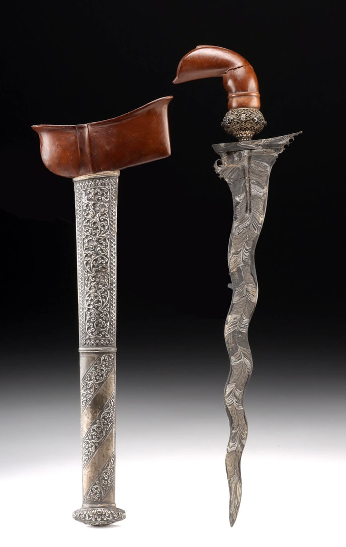 19th C. Indonesian Kris, Garuda Hilt, Silver-Plated Sheath, Jeweled Selut (1 of 3)