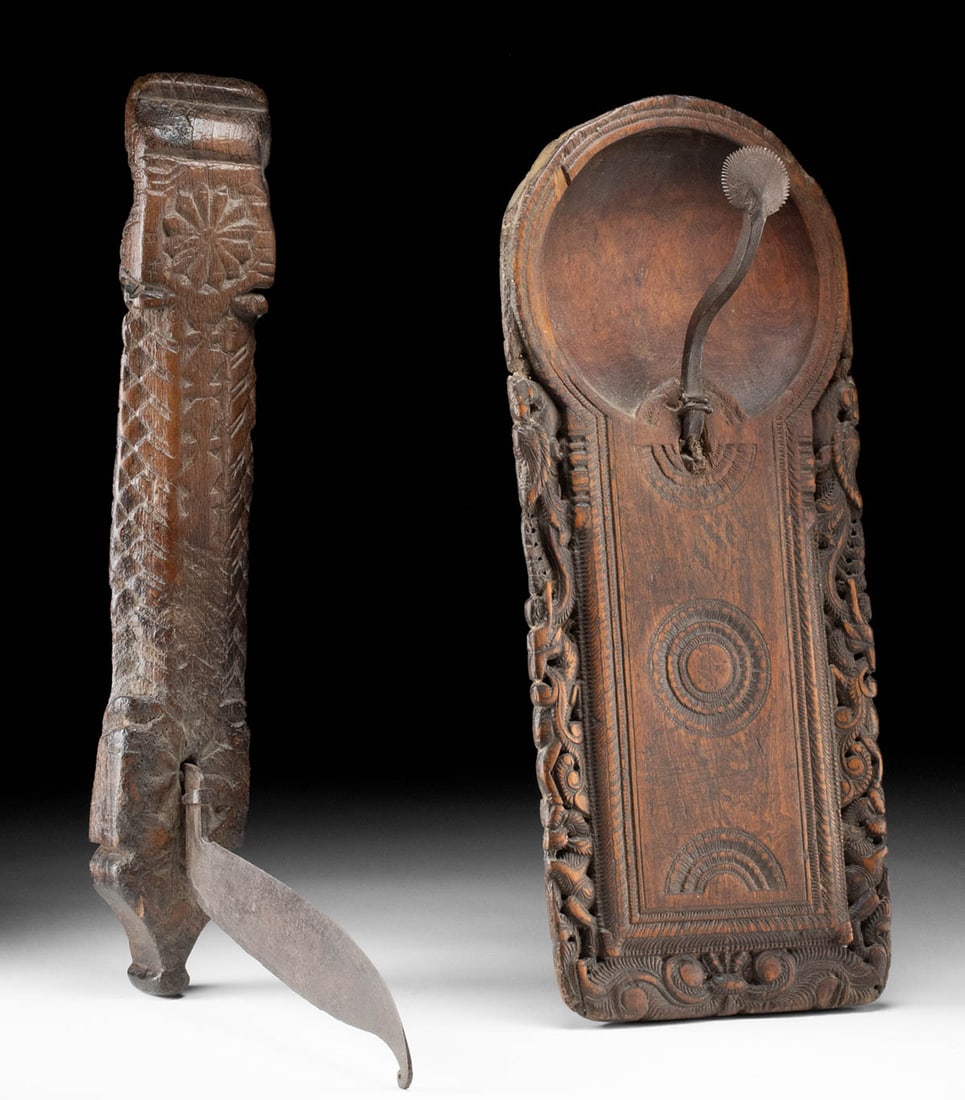 Traditional 19th C. Indian Kitchen Tools - Coconut Grater + Boti: South Asia, India, ca. 19th to early 20th century CE. A hand-carved wooden coconut grater, known as a nariyal khuruchni, paired with a general-purpose cutting tool called a boti. The boti has a large
