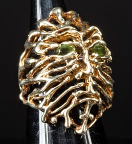 Surrealist European Gold Ring, Stylized Visage w/ Topaz Eyes