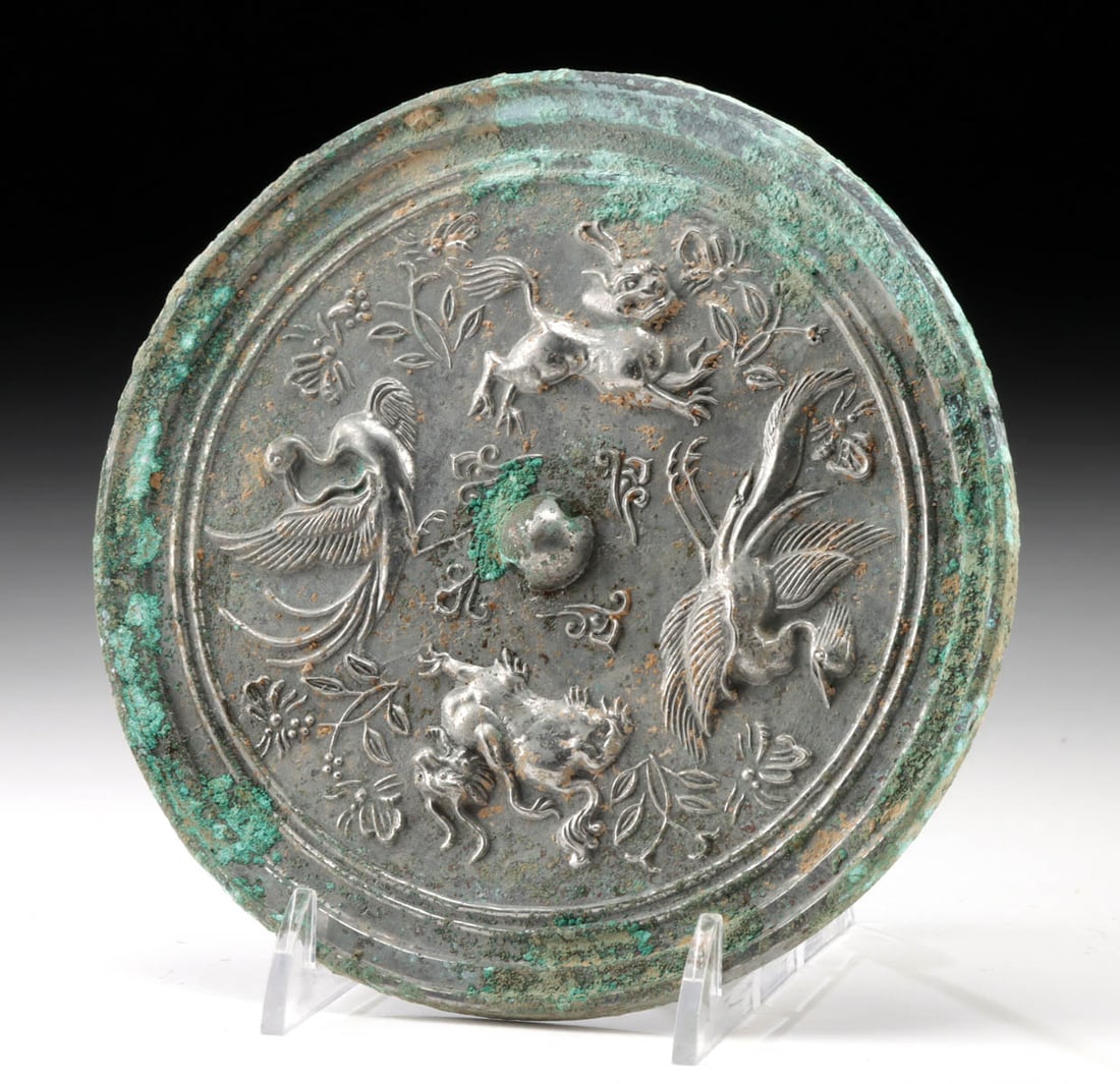Chinese Tang Tinned Bronze Mirror w/ Mythical Creatures (1 of 3)
