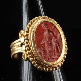Roman Jasper Intaglio of Shepherd w/ Goat in Gold Ring