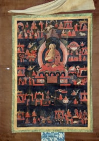 Tibetan Silk Thangka of Buddha & Esoteric Scenes