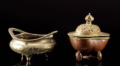 Tibetan Copper Kapala Cup & Chinese Brass Incense Pot