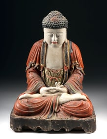 16th C. Chinese Ming Polychrome Wood Seated Buddha