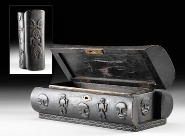 Taiwanese Paiwan Wood Storage Box w/ Carved Figures