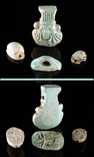 Four Egyptian Scarabs and Amulets: Ancient Egypt, New Kingdom to Late Period, ca. 1400 to 665 BCE. Nice set of scarabs and amulets. First, two fine scarabs, New Kingdom. Smallest with ankhs, scarab, baboon and neb. Largest a beautiful
