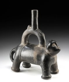 Chimu Blackware Stirrup Vessel Monkey Effigy