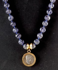 Ancient Silver Roman Coin on Beaded Glass Necklace