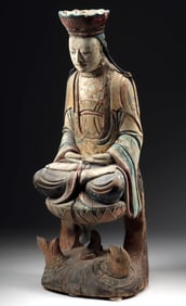 17th C. Ming-Qing Wood Guanyin - Lotus Throne over Fish