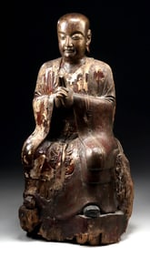 Chinese Ming-Qing Wooden Lohan Figure w/ Glass Eyes