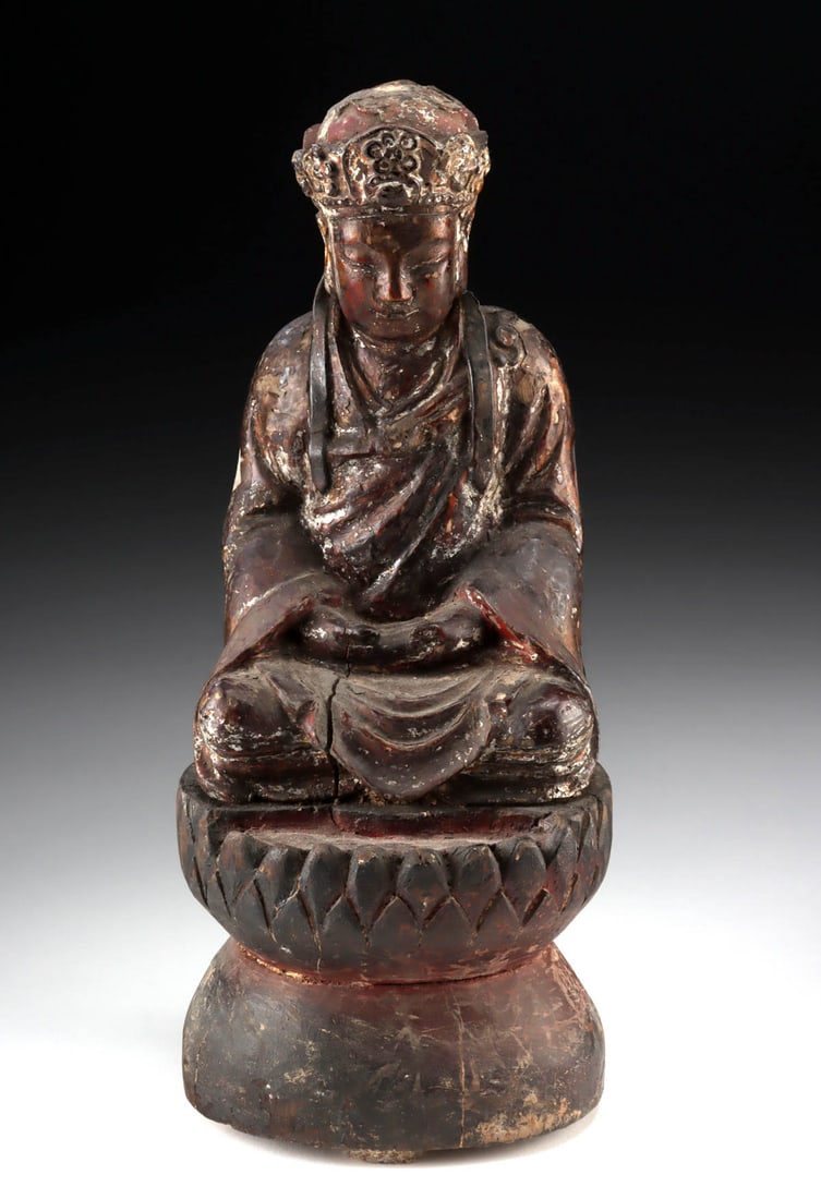 17th C. Ming Wood Guanyin - 5-Lobed Crown & Silvering (1 of 3)