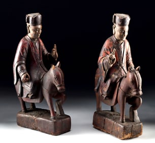 Pair of 18th C. Chinese Qing Wooden Taoists on Horses