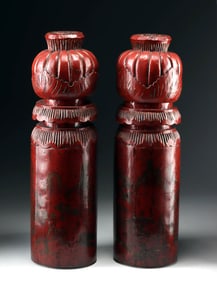 Rare Chinese Lacquered Wood Pillars w/ Lotus Finials