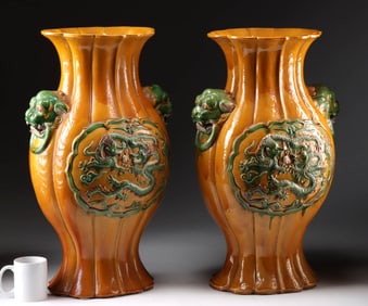 Two Chinese Qing Scalloped Stoneware Vases w/ Dragons