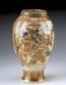 Japanese Meiji Gilt Satsuma Ware Vase w/ Samurai